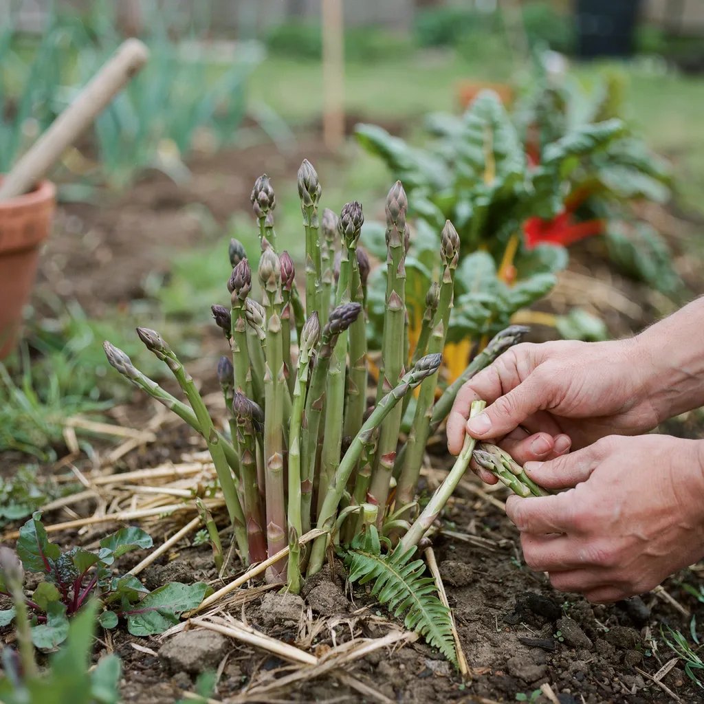 A few fresh asparagus spears being harvested from a garden bed