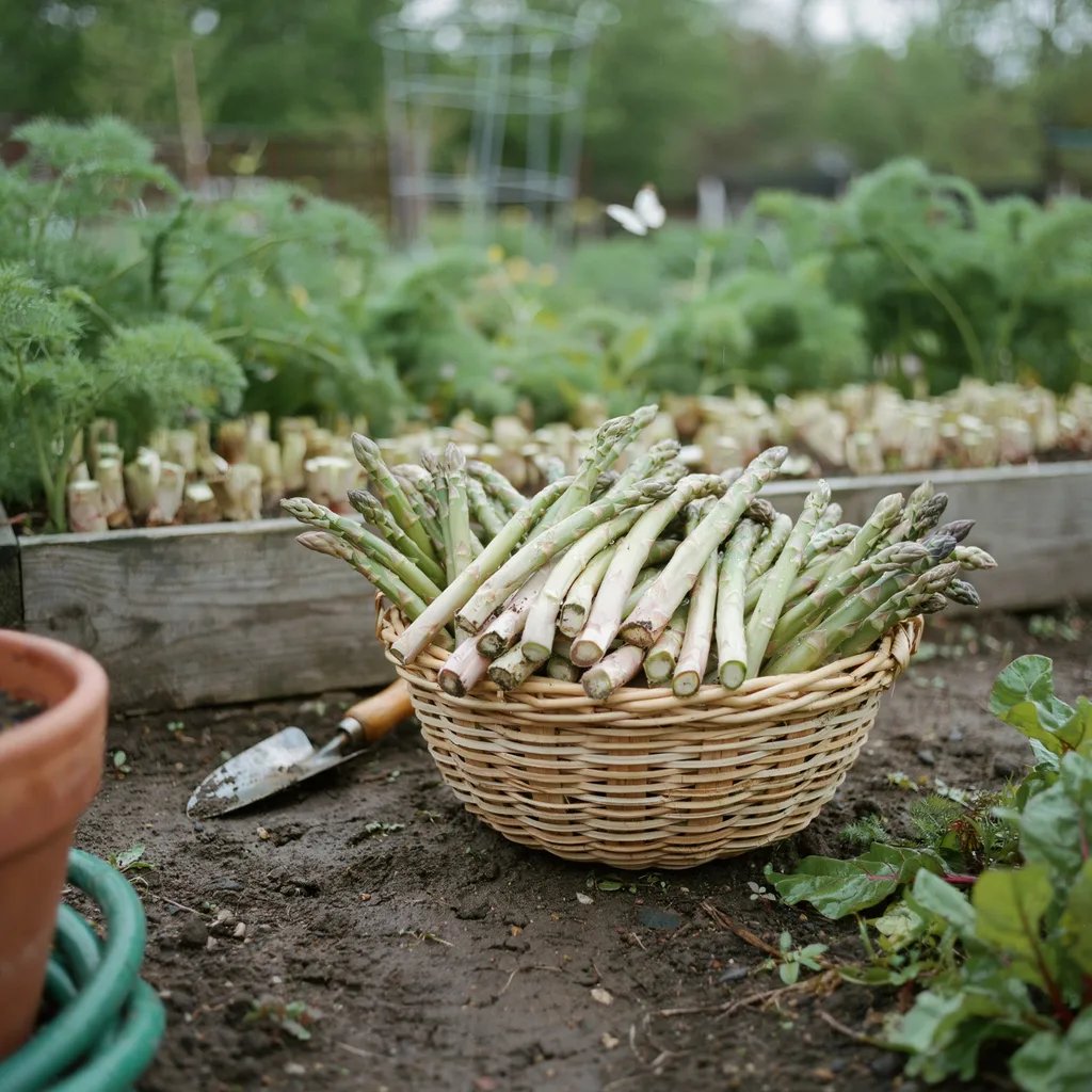 An abundant harvest of fresh asparagus spears in a garden basket from a mature bed