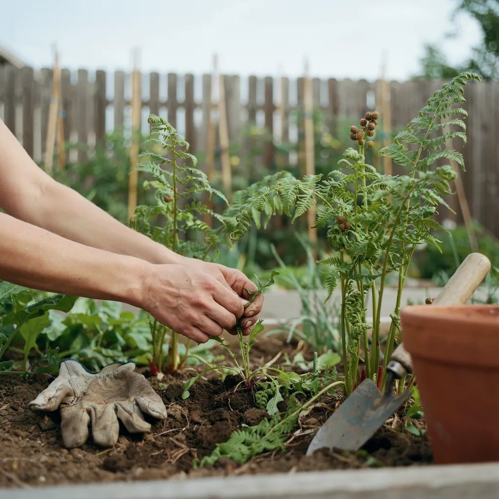 A gardener weeding an asparagus bed in early summer