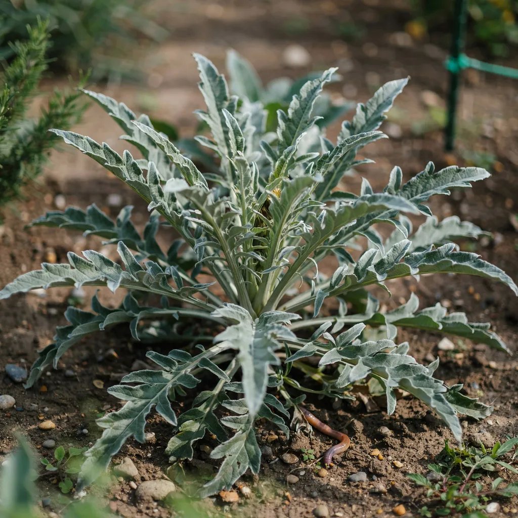 A young artichoke plant with lush silvery foliage but no flower buds forming yet