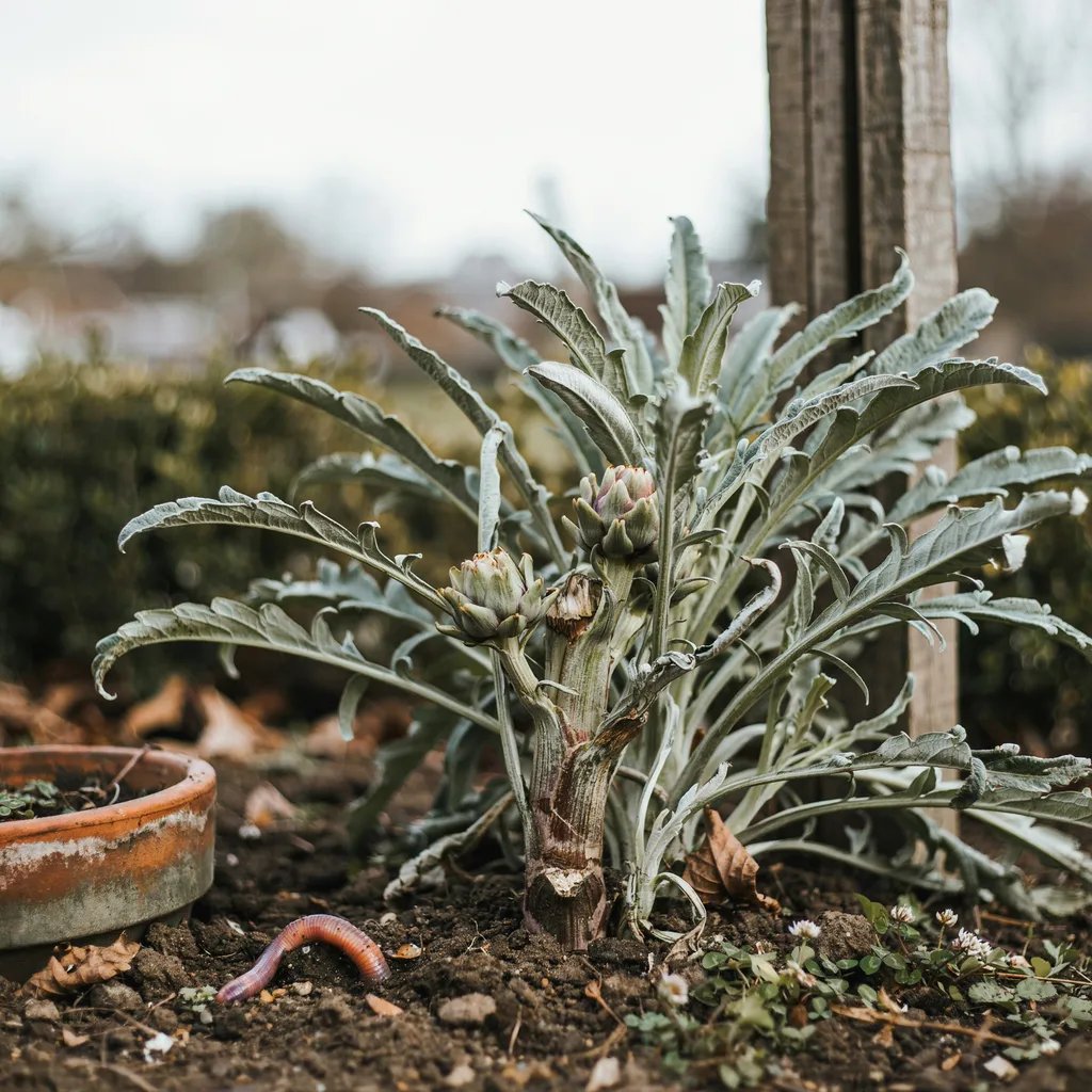 An established artichoke plant returning in a mild winter climate garden