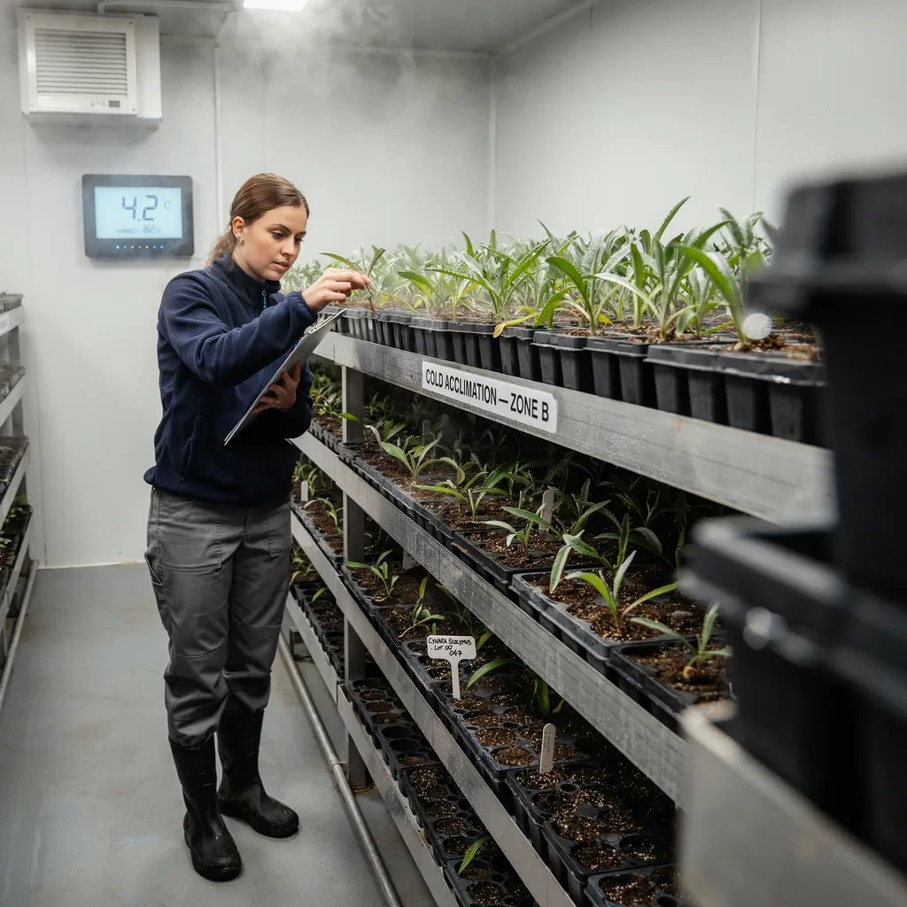 Young artichoke seedlings being exposed to a controlled cold treatment