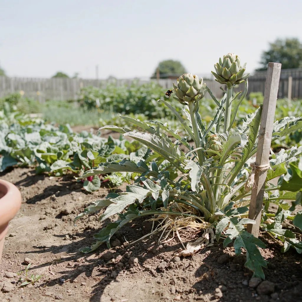 A large artichoke plant growing in rich, well-draining garden soil in full sun