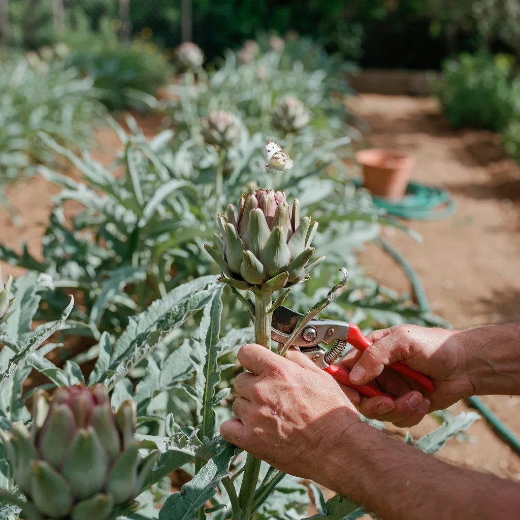 A gardener harvesting a tightly closed artichoke bud with pruning shears