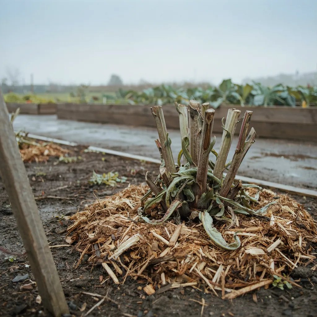 An artichoke plant's foliage cut back and mulched for winter protection