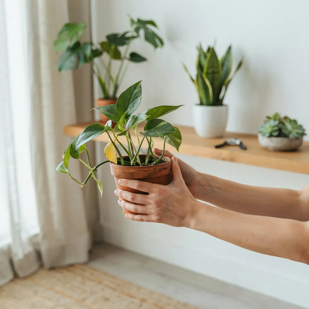 A houseplant being physically moved away from other plants for isolation