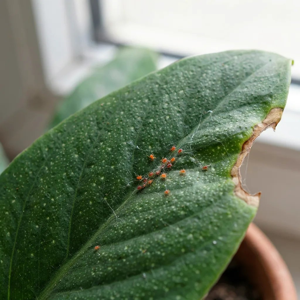 Close-up of fine spider mite webbing and stippled discoloration on a houseplant leaf