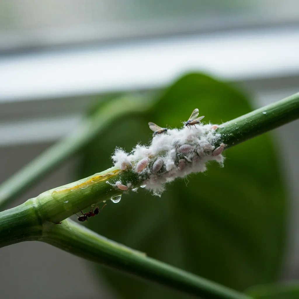 Close-up of cottony white mealybug masses on a houseplant stem