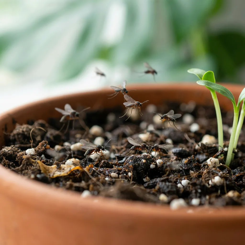 Small fungus gnats flying near the soil surface of a houseplant