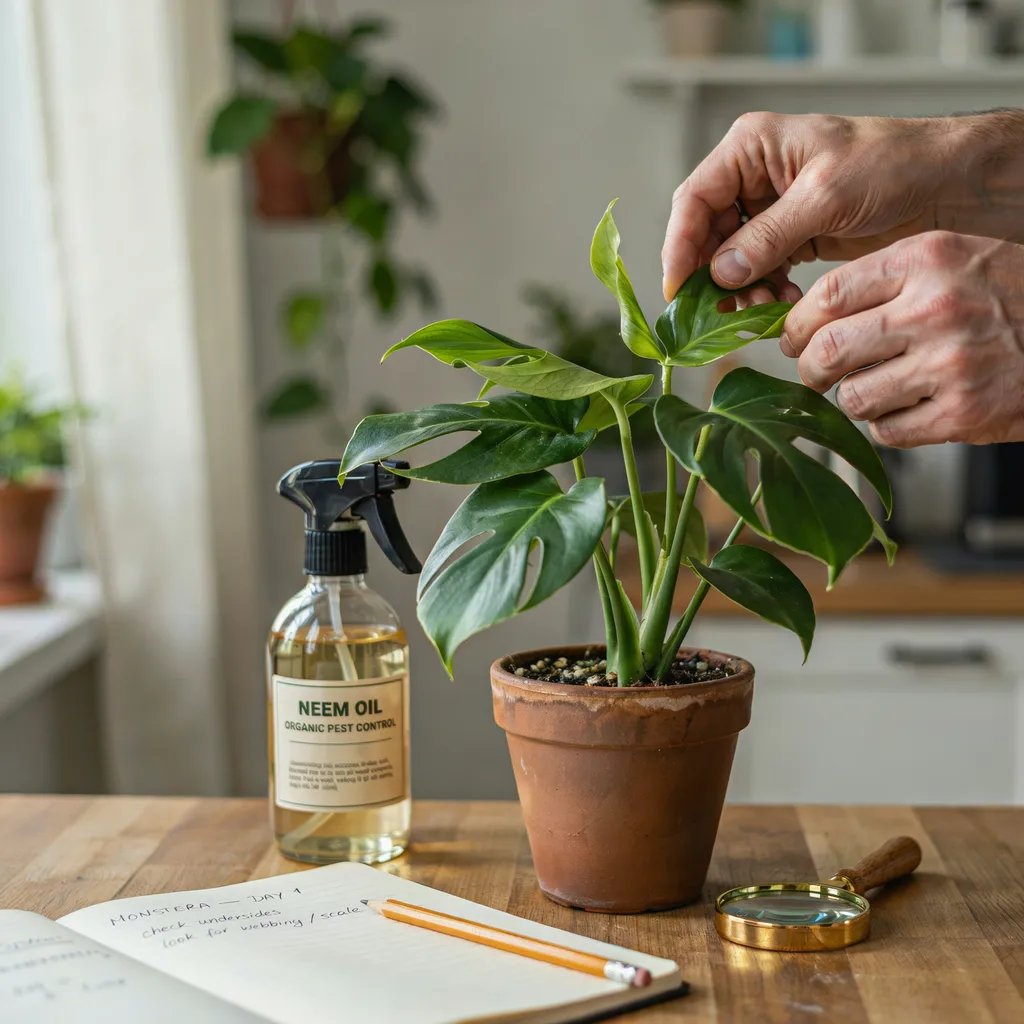 A gardener closely inspecting a newly purchased houseplant for pests