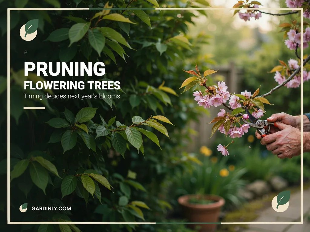 A gardener pruning a flowering cherry tree branch with pruning shears