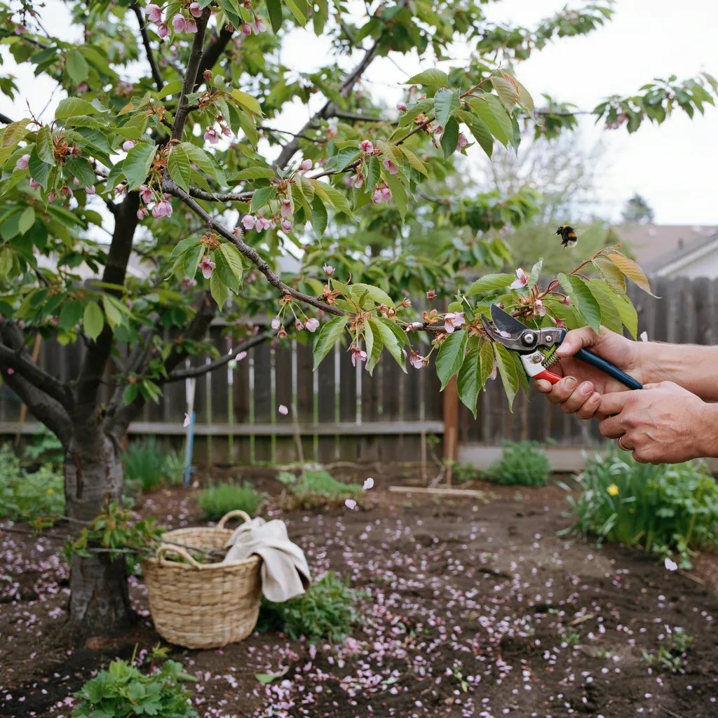 A gardener pruning a cherry tree right after its blooms have faded