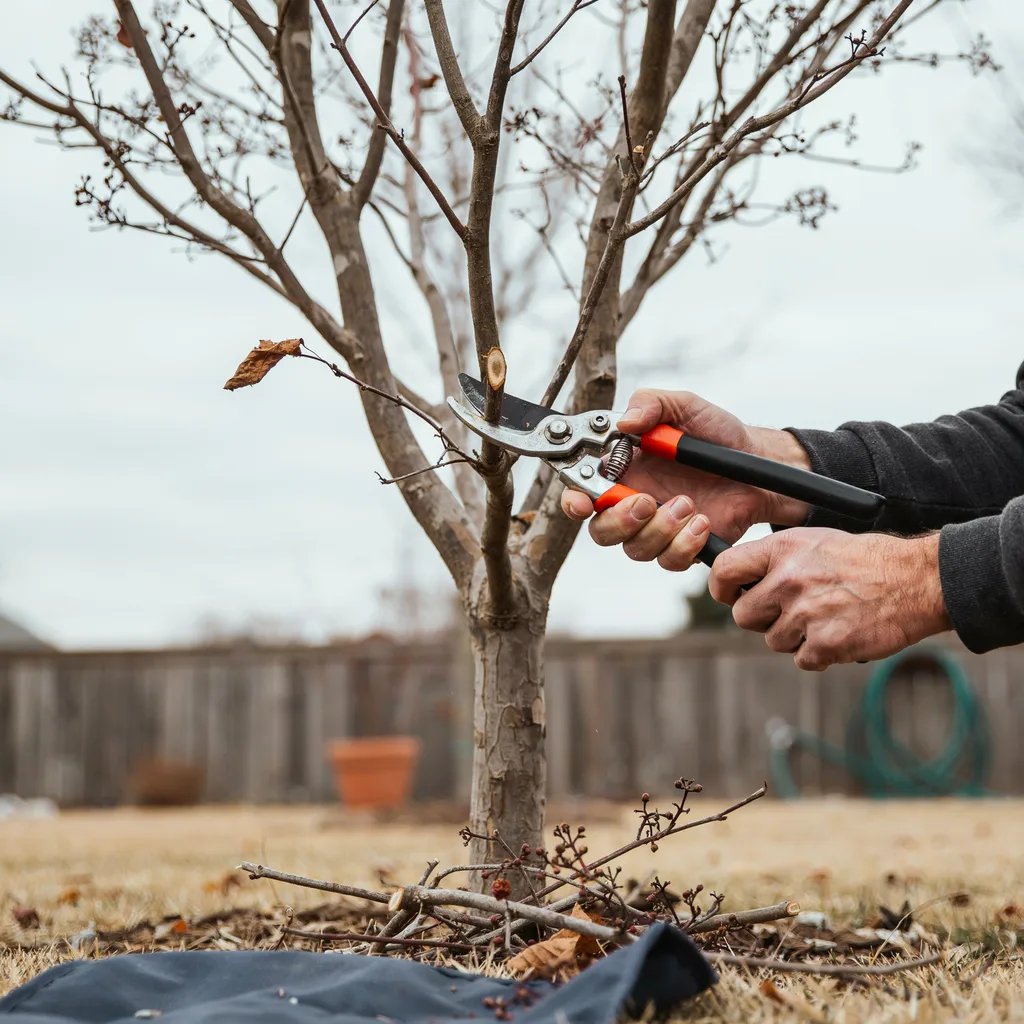 A dormant crape myrtle tree being pruned in late winter before new growth