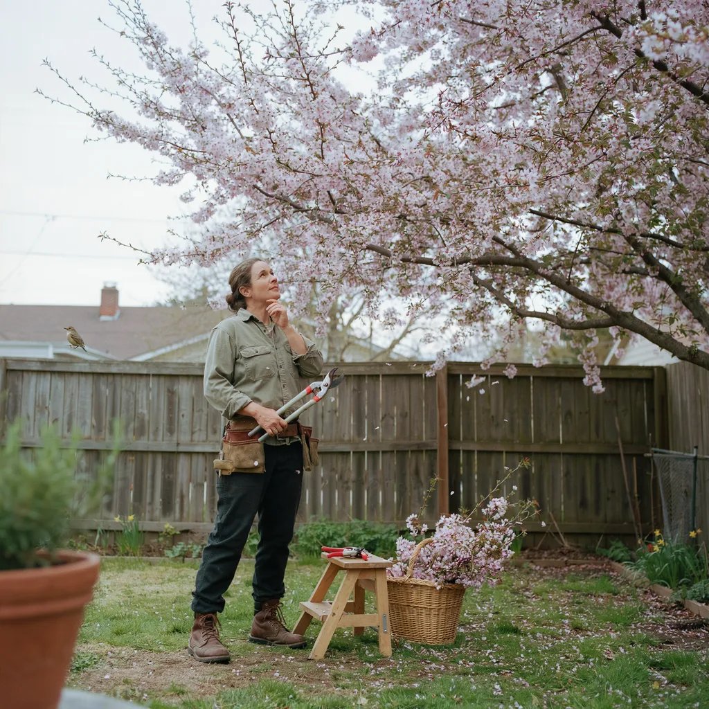 A gardener carefully assessing how much of a flowering tree canopy to prune