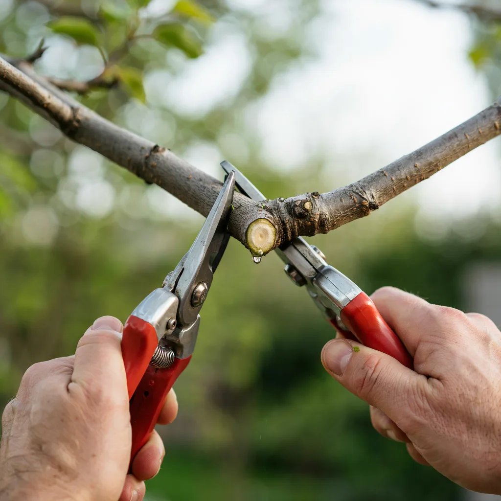 Close-up of pruning shears making a cut just outside a tree's branch collar