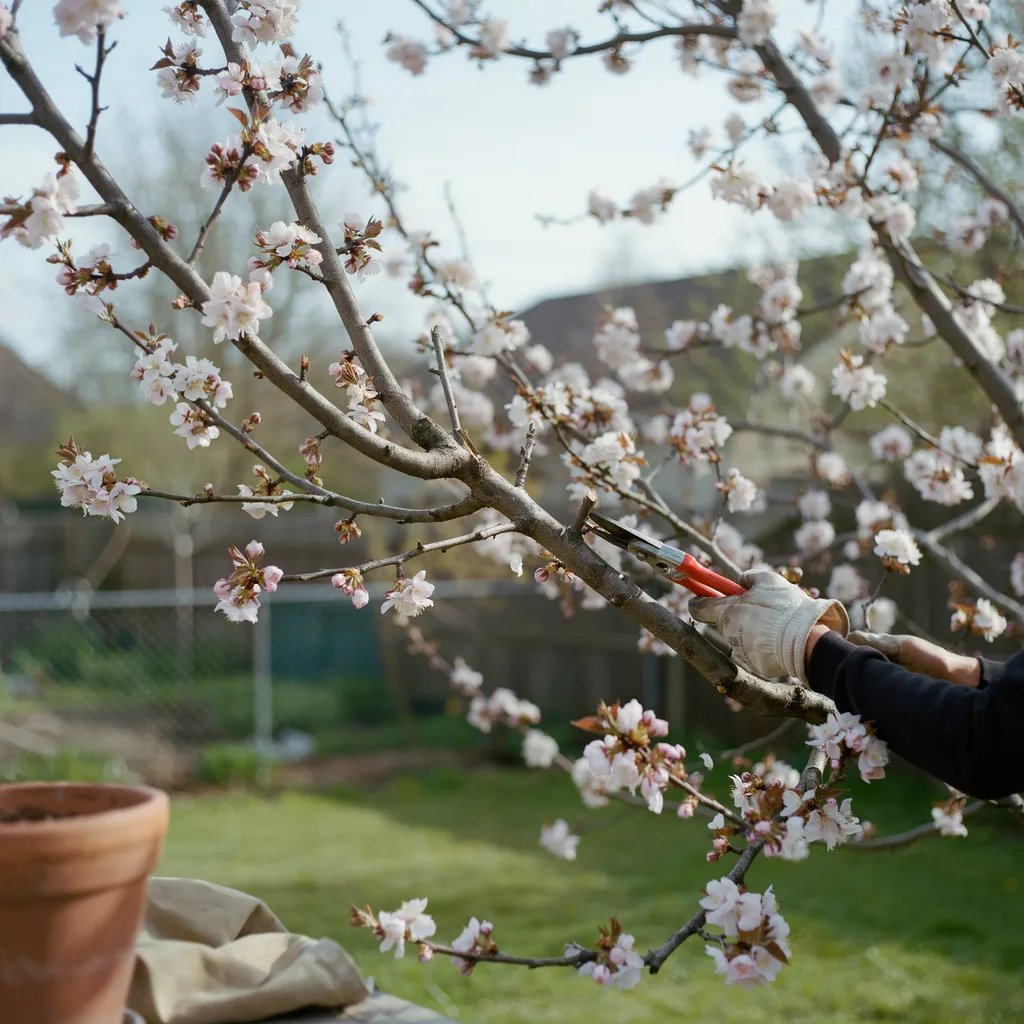 A gardener removing a dead, crossing branch from a flowering tree