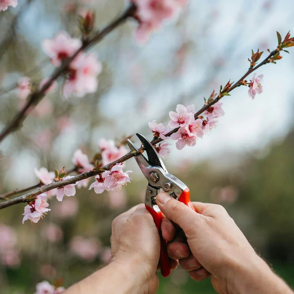 Clean, sharp pruning shears being used on a flowering tree branch