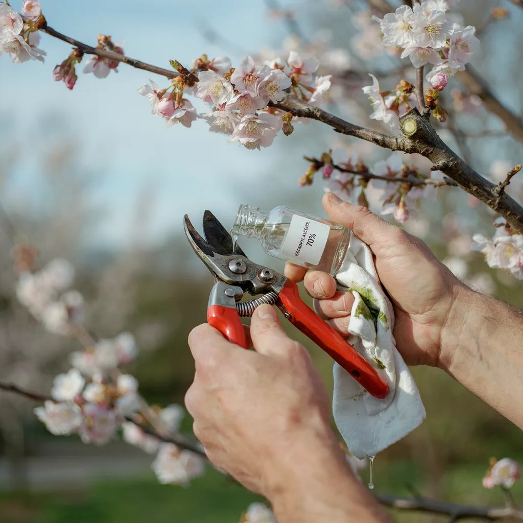 A gardener disinfecting pruning shears between cuts on a flowering tree