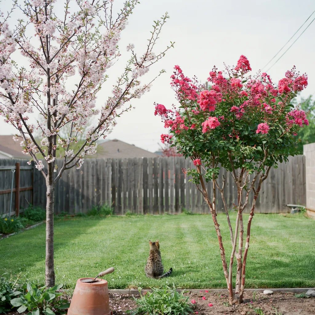 A yard with both a spring-blooming cherry tree and a summer-blooming crape myrtle tree