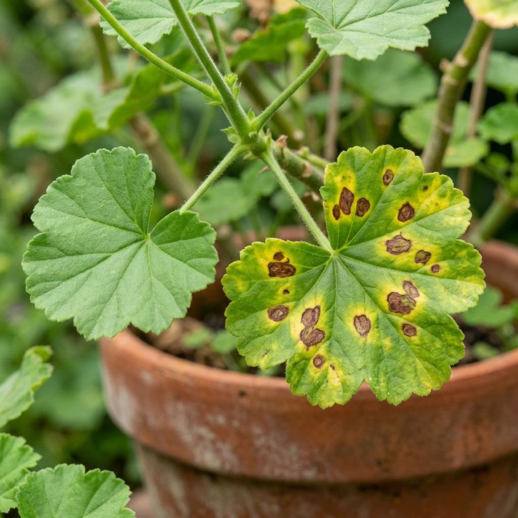 Geranium leaves showing brown lesions with yellow halos from bacterial leaf spot