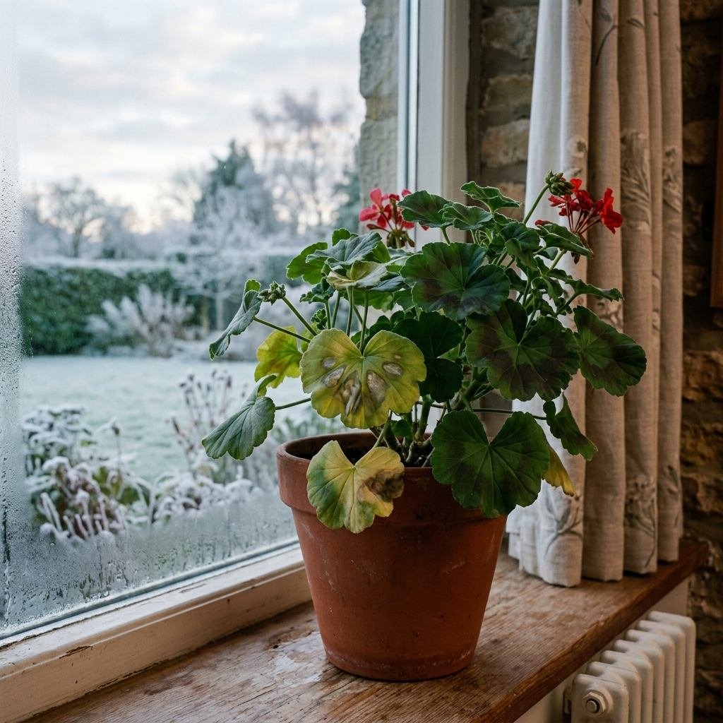 Geranium with curled, water-soaked leaves showing cold shock damage