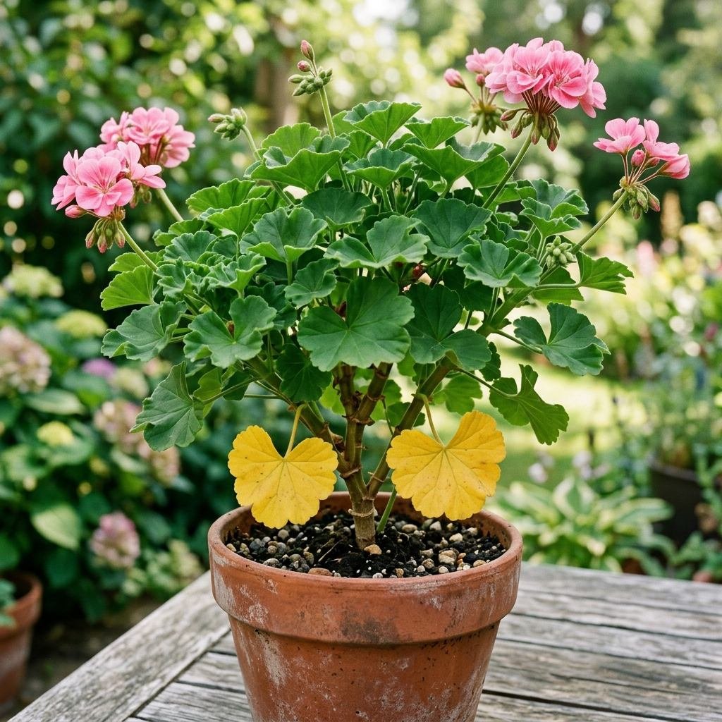 Geranium naturally shedding its oldest lower leaves while new top growth stays green