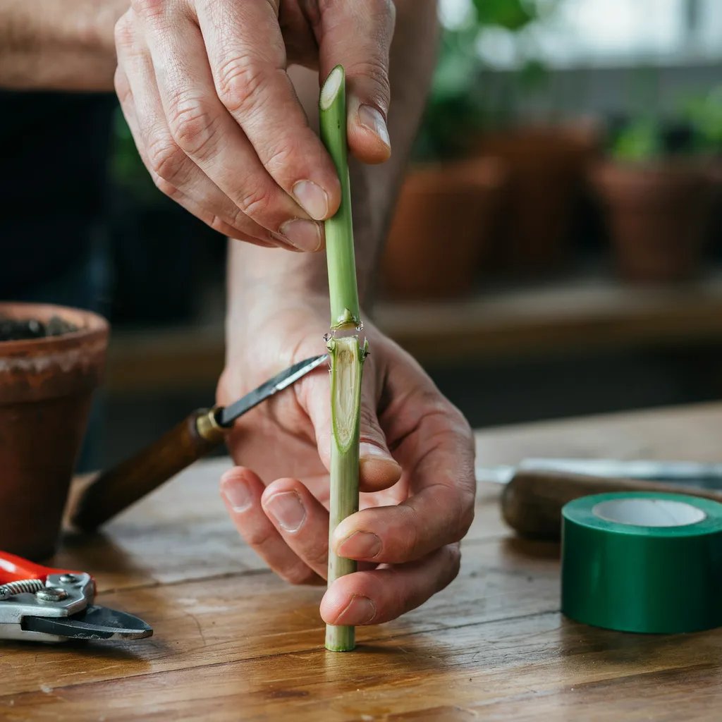 Hands aligning a scion and rootstock graft union together precisely