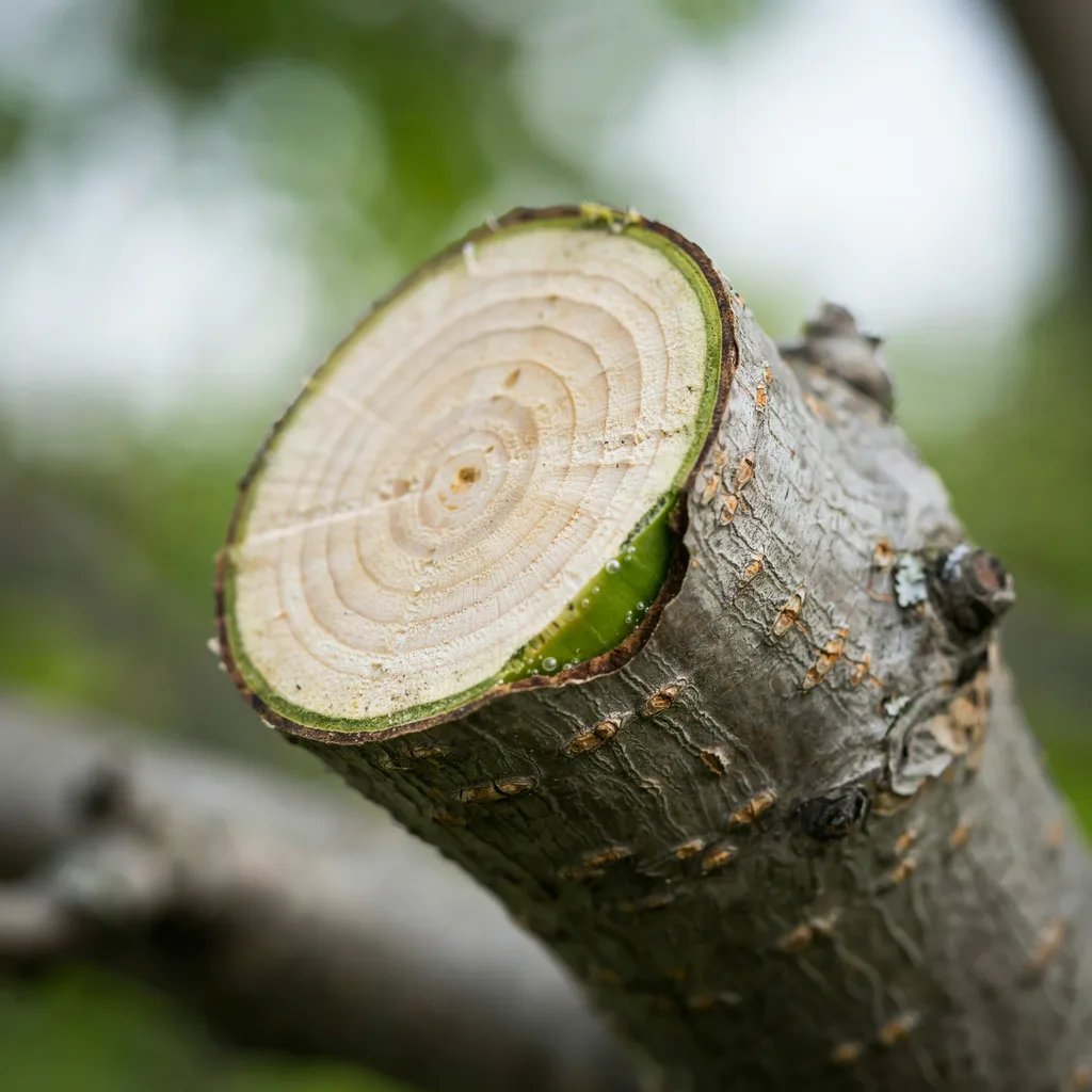 Close-up of the green cambium layer visible on a freshly cut apple tree branch