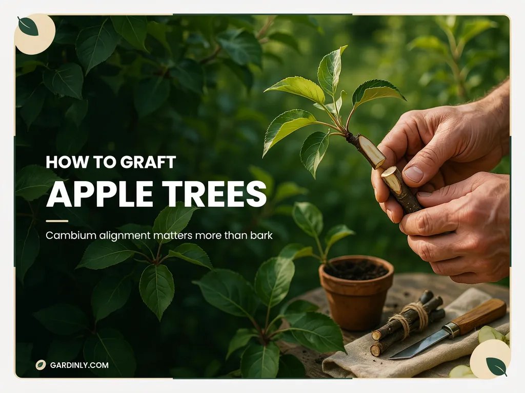 A whip and tongue graft joining apple scion wood to rootstock, precisely aligned