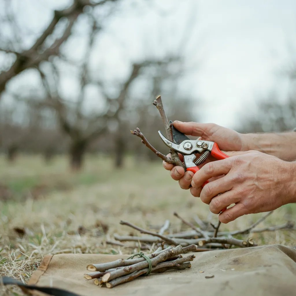 Hands selecting and cutting healthy dormant apple scion wood