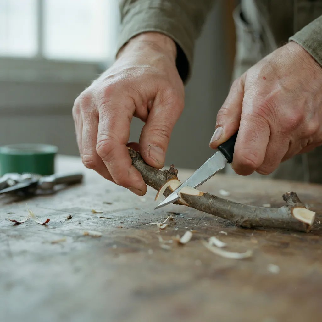 Hands making a diagonal whip and tongue cut into apple wood with a grafting knife