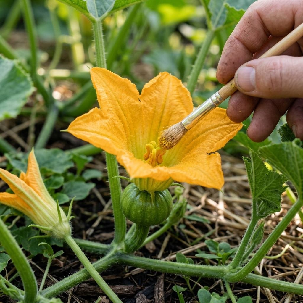A gardener hand-pollinating a female pumpkin flower with a male bloom