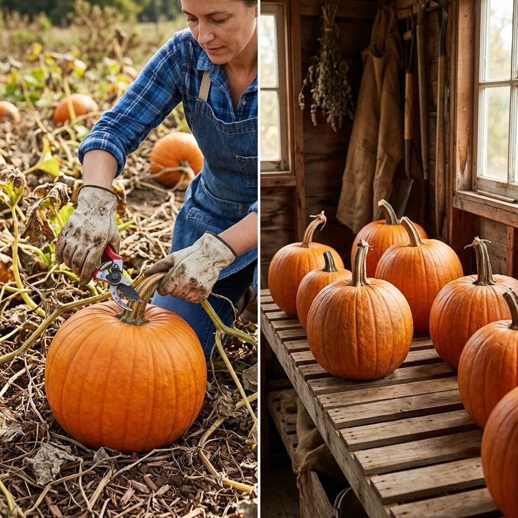 A gardener cutting a ripe pumpkin from the vine to cure for storage