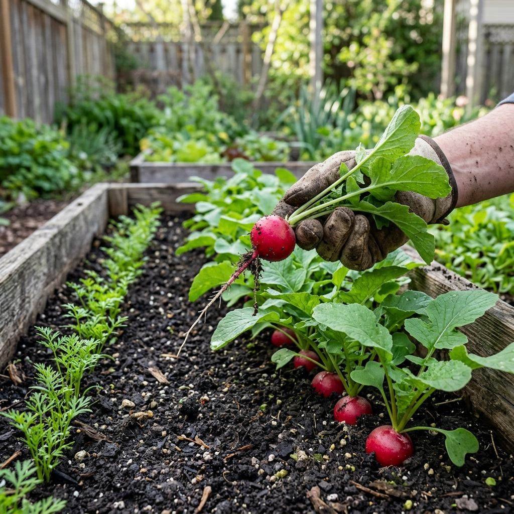 A gardener pulling a ripe radish from cool spring soil