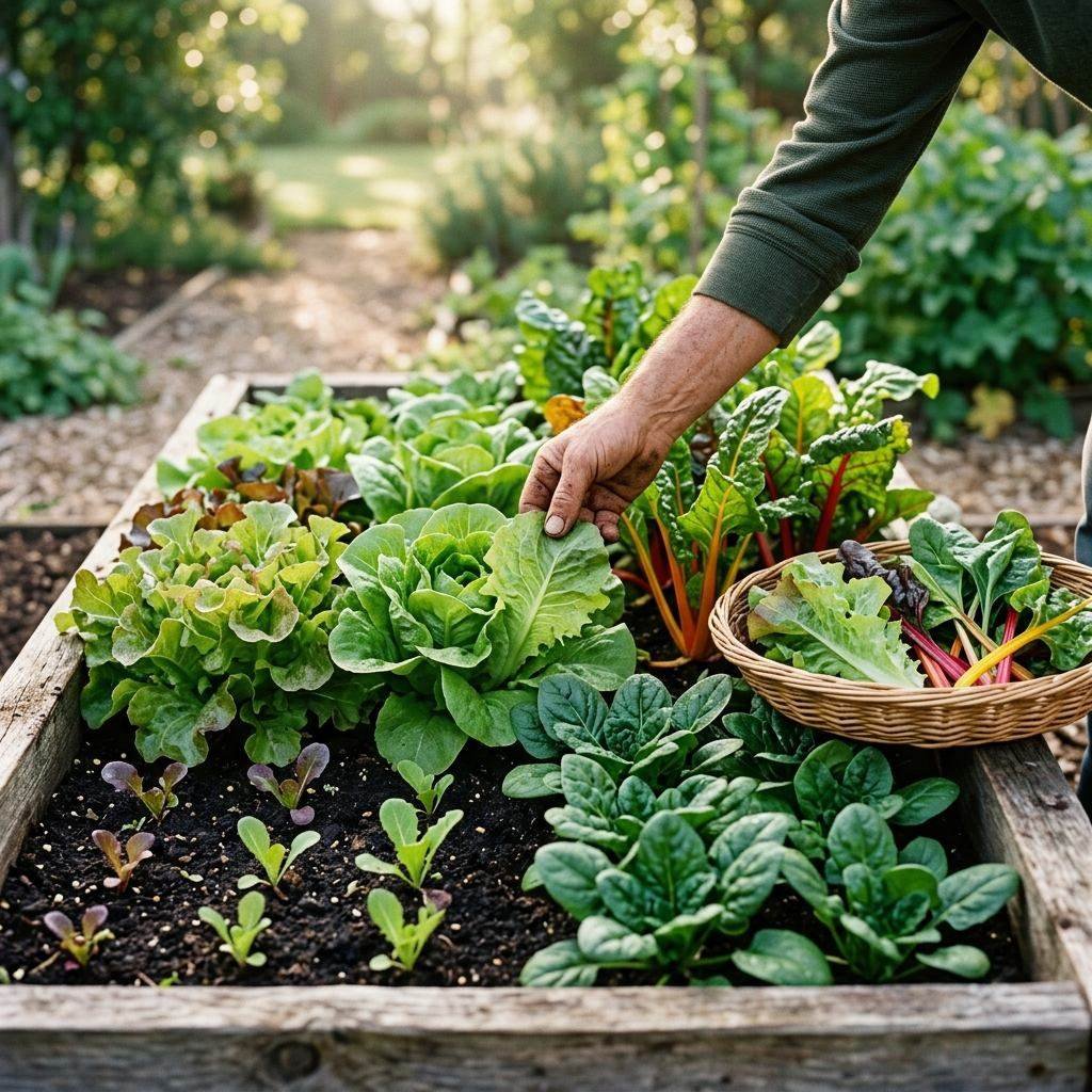 A gardener cutting leafy greens for a continuous cut-and-come-again harvest
