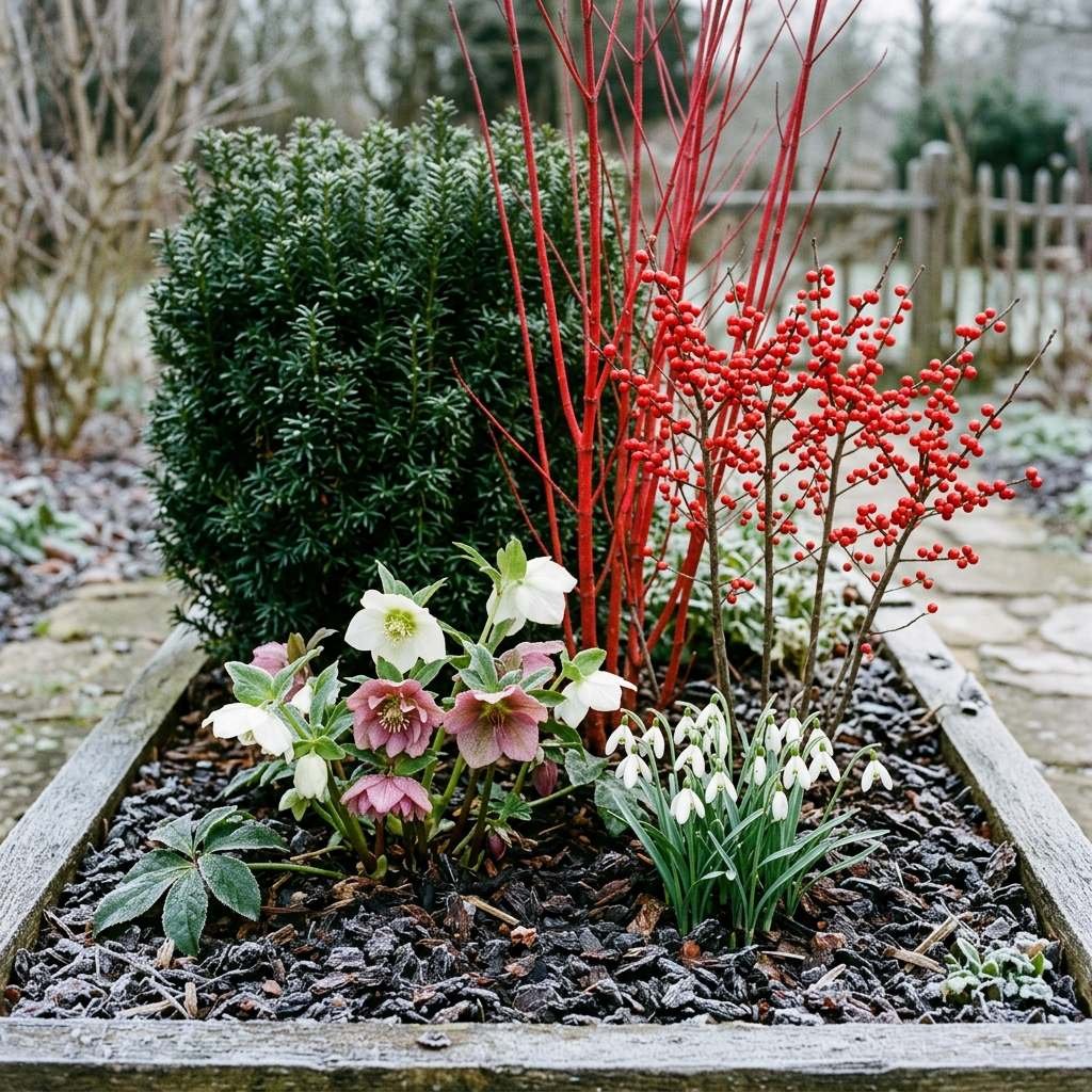 Hellebores flowering in a winter garden alongside evergreen structure