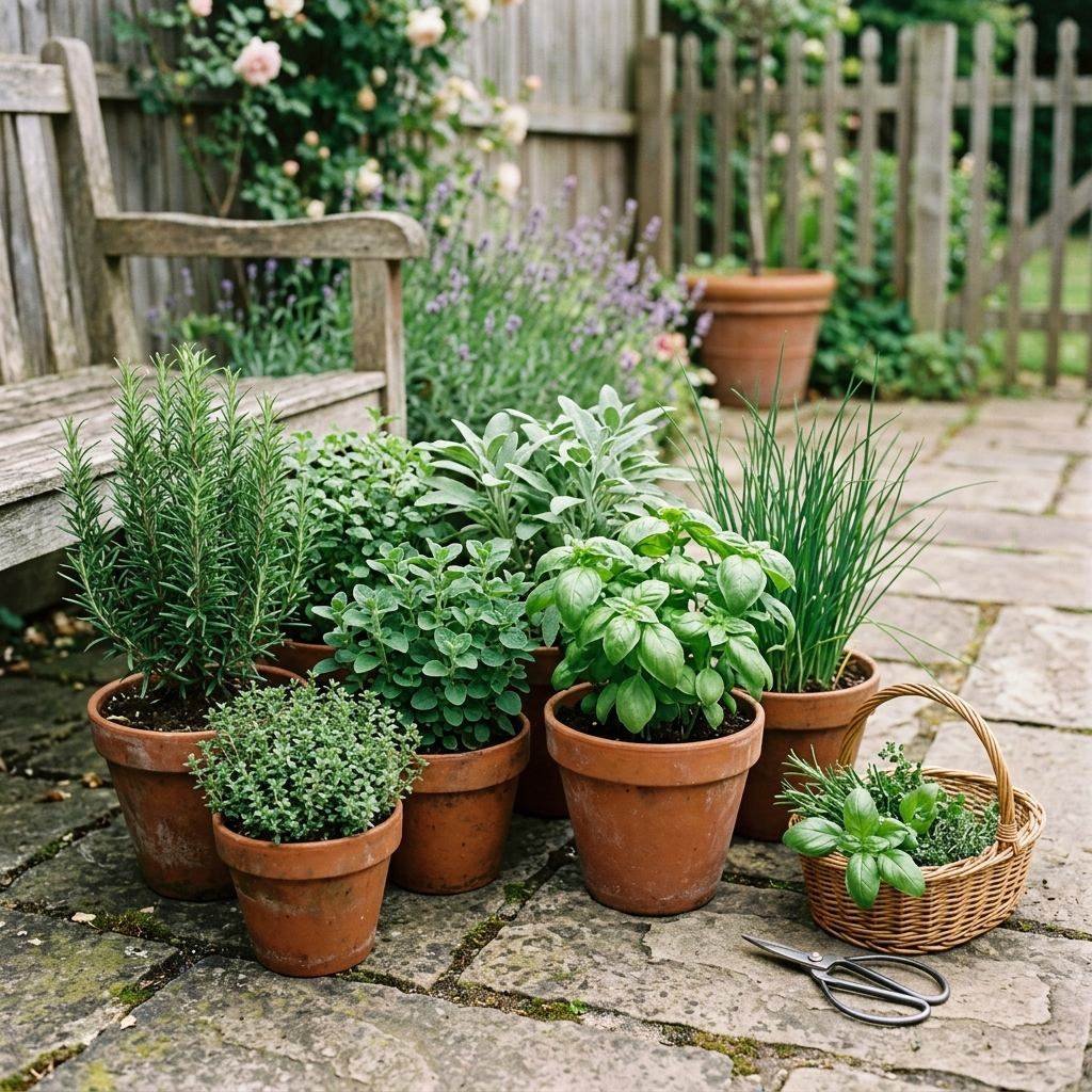 A dense herb garden grown in terracotta containers for high value per square foot