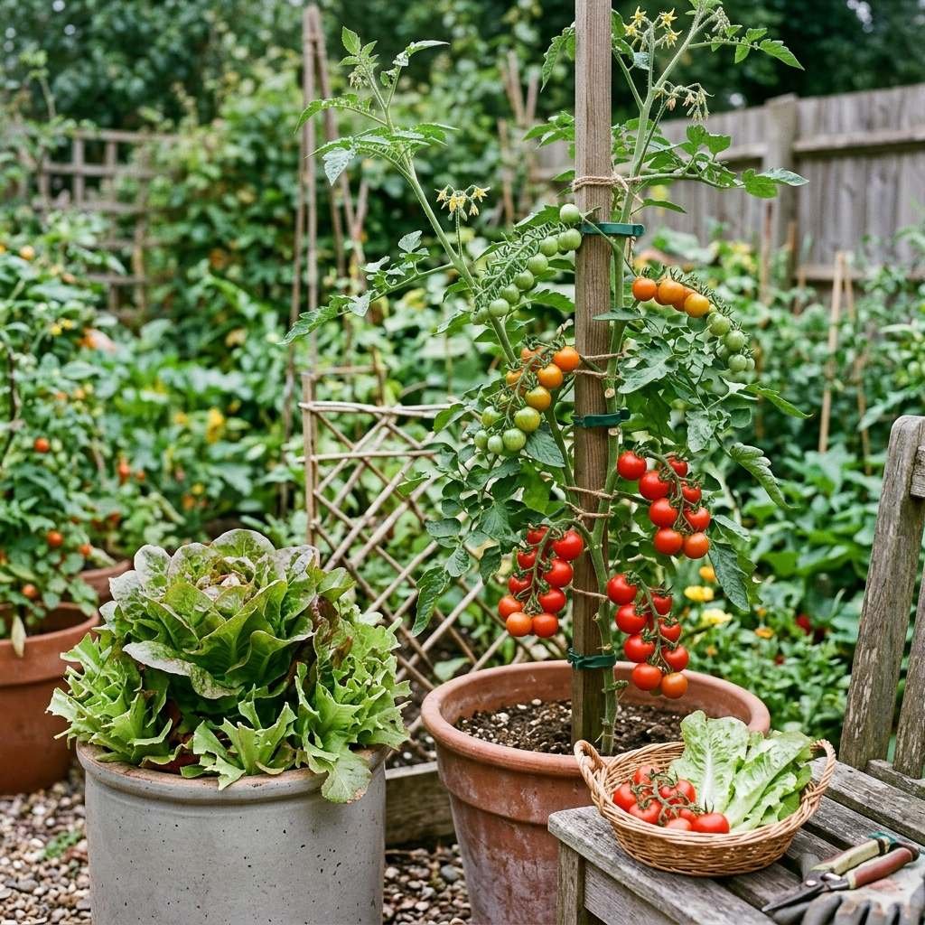 A heavily producing tomato plant beside a basket of its harvested fruit