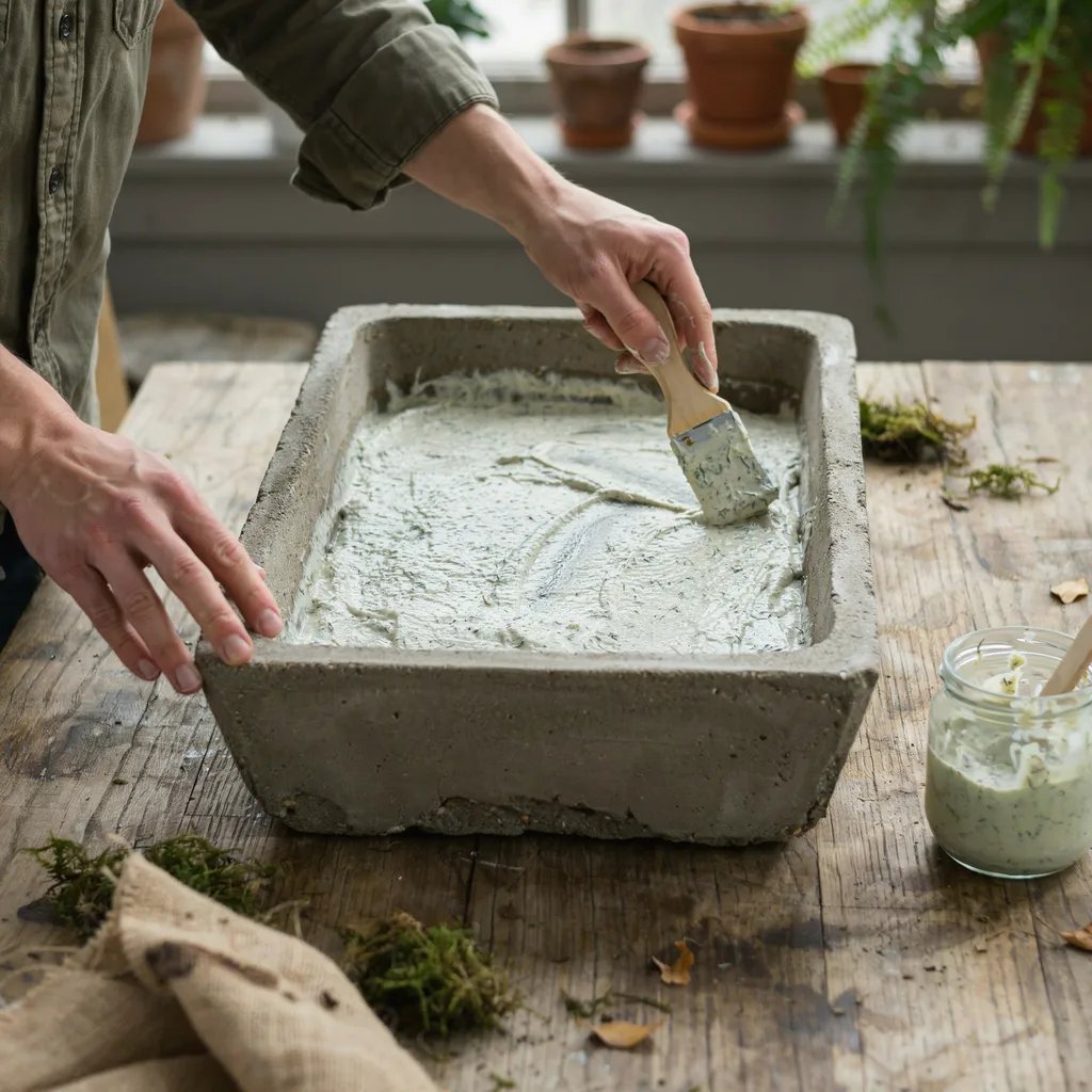 A hypertufa trough being coated with a yogurt mixture to encourage moss growth