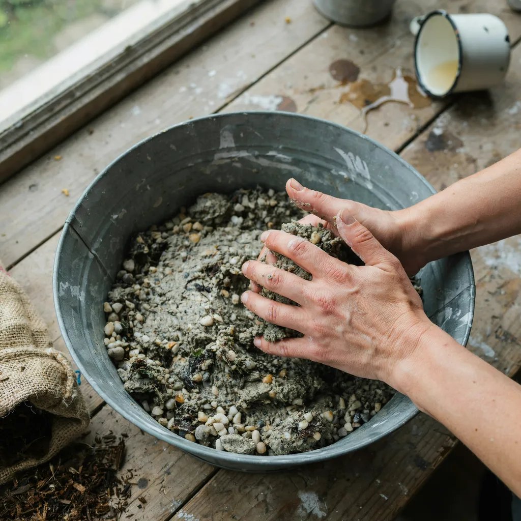 Hands mixing hypertufa material to a thick, workable dough-like consistency