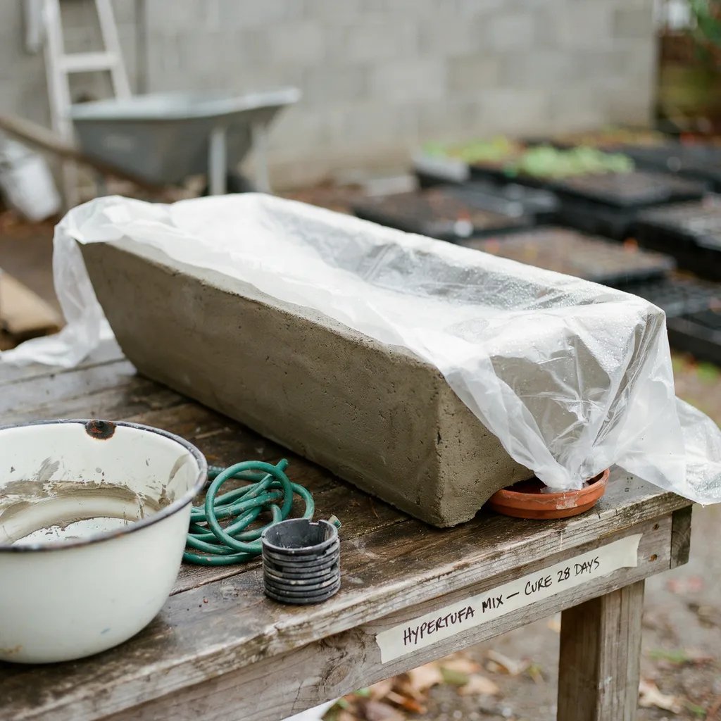 A curing hypertufa trough covered loosely in plastic sheeting