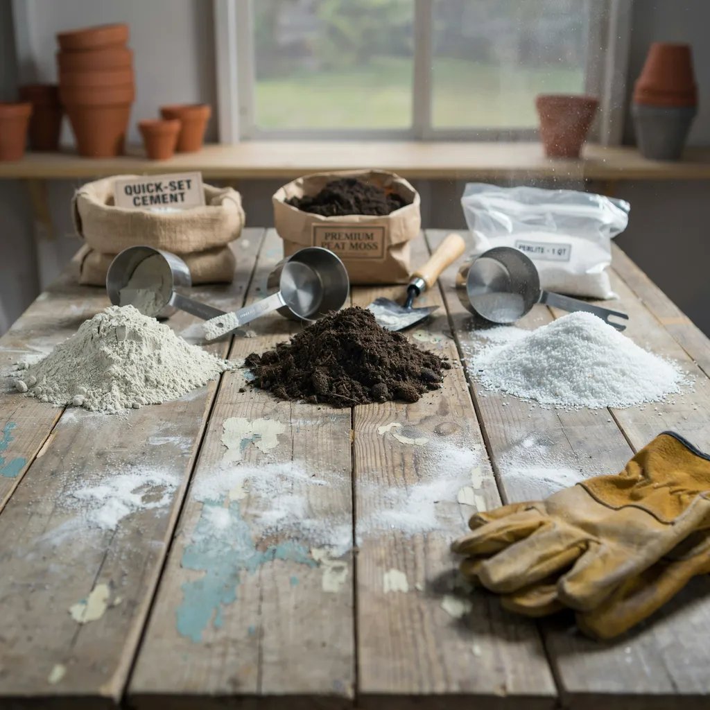 Dry ingredients cement, peat moss, and perlite measured out in equal parts
