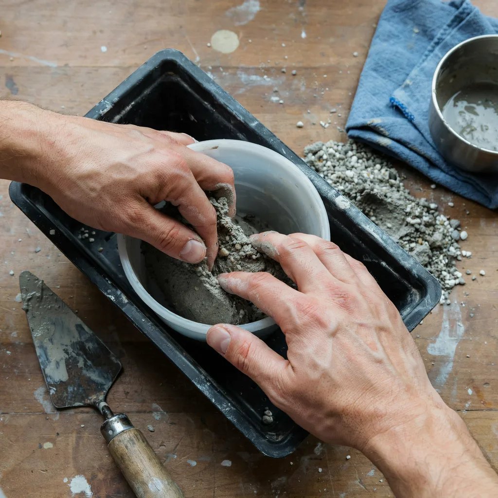 Hands packing hypertufa mixture between two nested plastic containers to form a trough