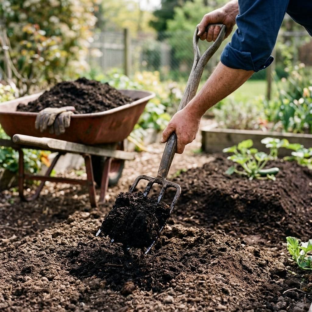 A gardener working compost into a planting bed prepared for pumpkins