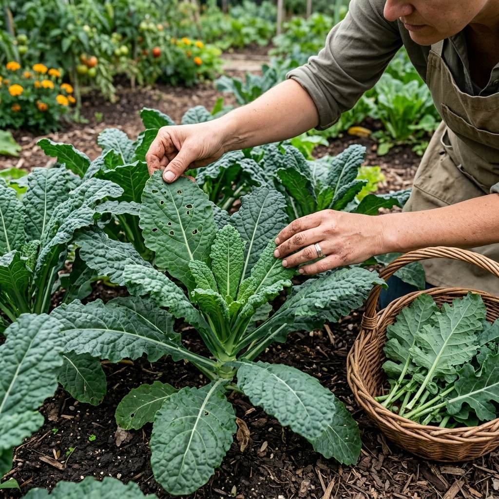 A gardener inspecting minor pest damage on a healthy kale plant
