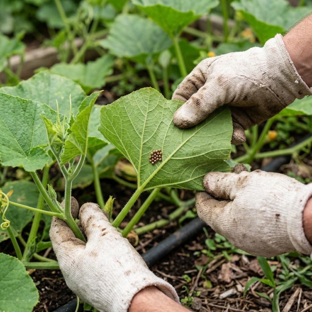 A gardener inspecting pumpkin leaves for signs of squash bugs and powdery mildew