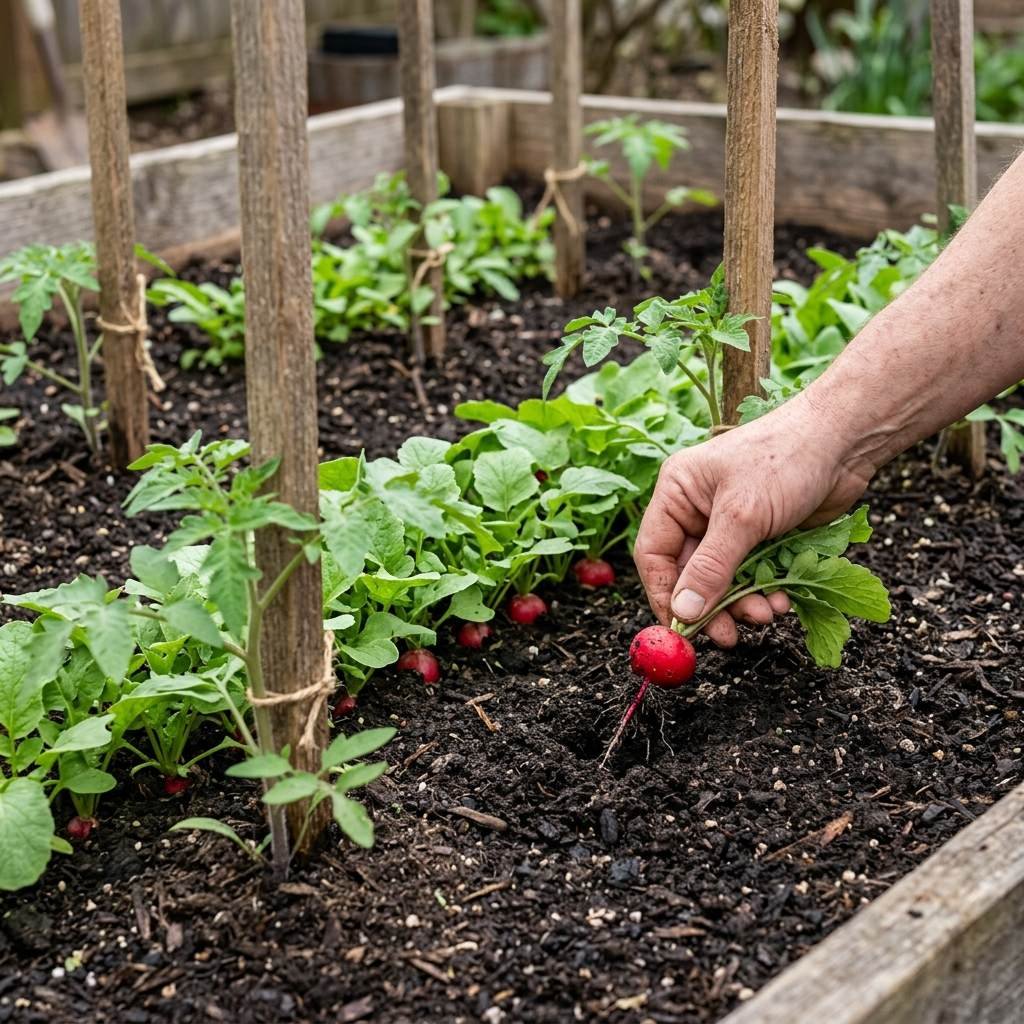 Harvesting quick radishes interplanted between slower-maturing vegetables