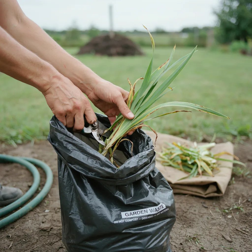 Hands bagging infected iris foliage for disposal away from a compost pile