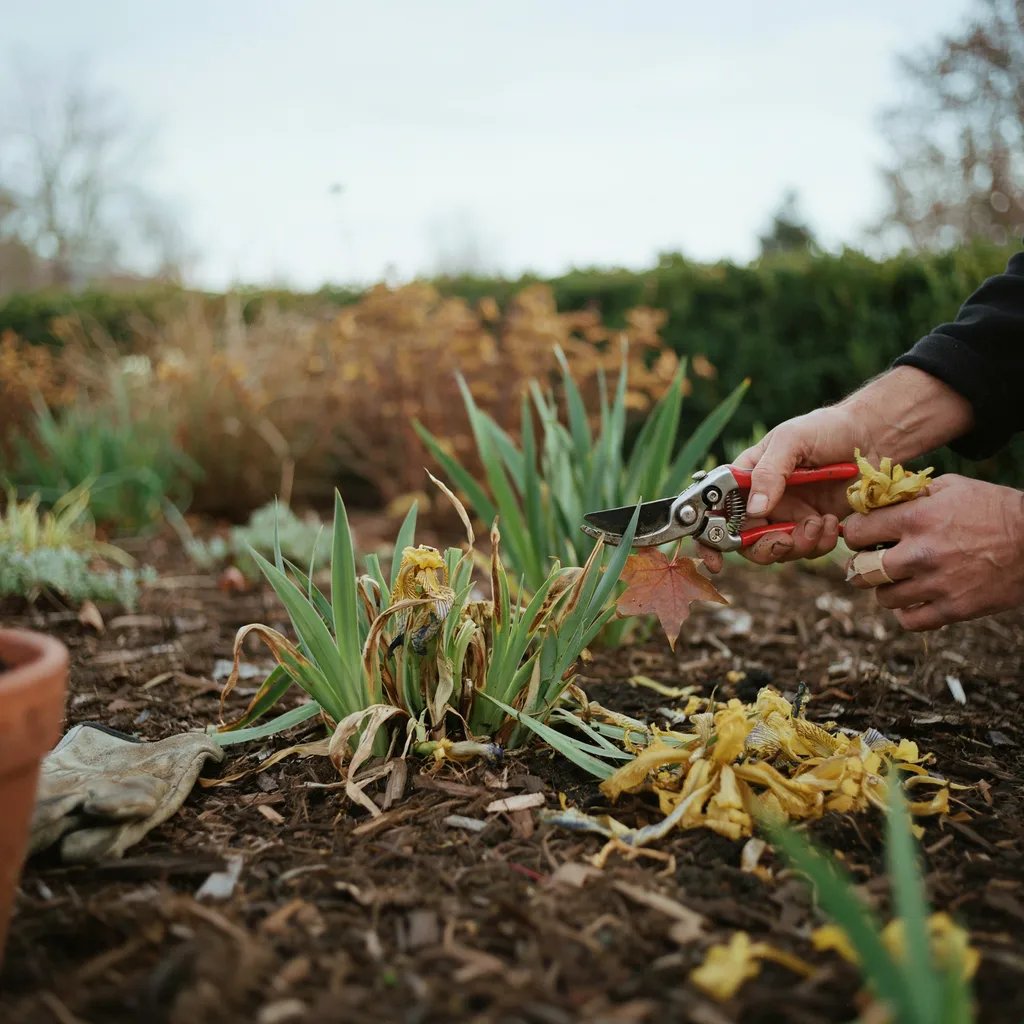 Hands removing and cutting back infected iris foliage during fall cleanup