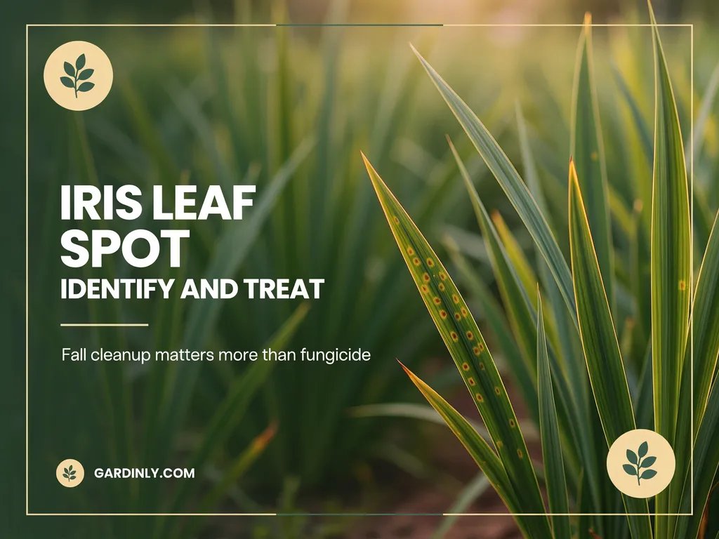 Iris foliage showing the characteristic small brown spots with yellow halos of leaf spot disease